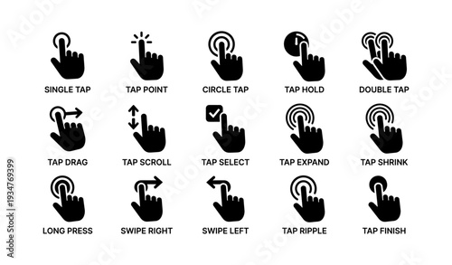 Touchscreen gesture icons: tap, swipe, scroll, hold, select, expand, shrink