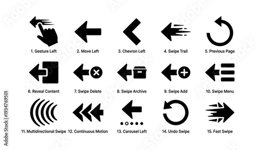 Black arrow icons for gestures and navigation directions
