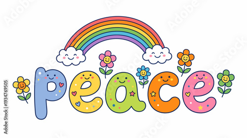 Vibrant Bohemian-inspired illustration of the word peace surrounded by flowers and a rainbow, conveying serenity and harmony in a colorful vector graphic.