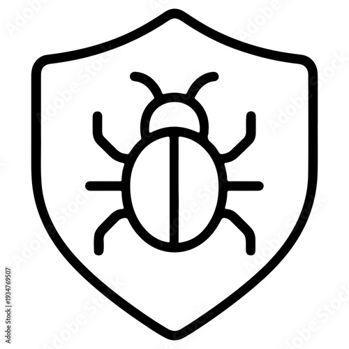 Simple black line icon of a shield protecting against a bug or virus, representing antivirus, cybersecurity, or malware protection concept