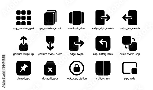 Mobile app interface icons: grid, multitask, swipe, gesture, split screen, lock