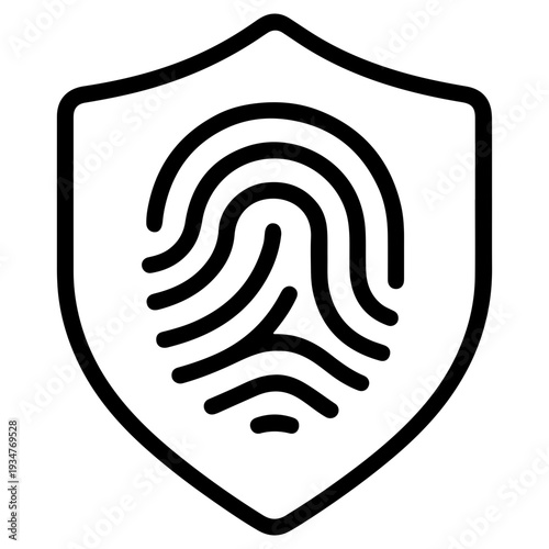 Fingerprint security shield icon, biometric authentication and data protection concept, simple black line art vector illustration