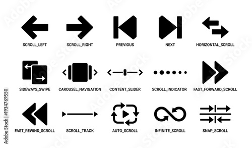 Navigation icons: scroll arrows, carousel sliders, infinite loop, and auto scroll designs