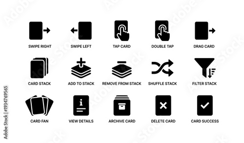 User interface icon set for swipe, tap, and card actions