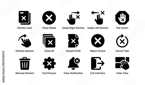 Dismiss and close action icons: swipe, cancel, remove elements
