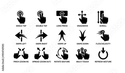 Touchscreen gesture icons for mobile interface: swipe, tap, zoom, scroll, rotate