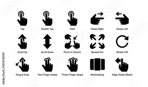 Touch gesture icons: tap, swipe, scroll, pinch, rotate, drag, multitask