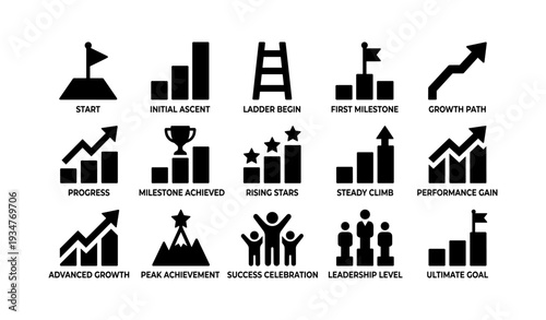 Milestone icons: progress, growth, achievement, success steps, goal ladder