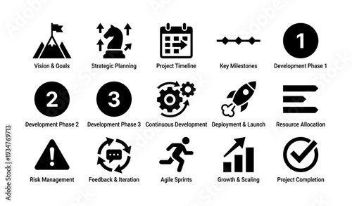 Project management icons: strategic planning, development phases, agile sprints, risk management, growth