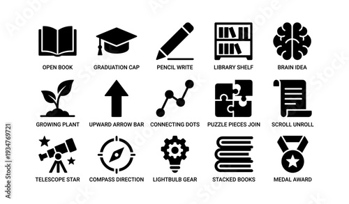 Educational icons collection: books, learning tools, brain, puzzle, award, telescope