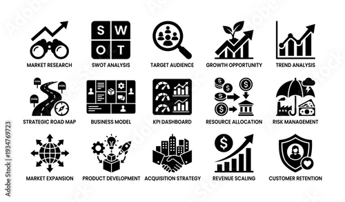 Business strategy icons: market research, swot analysis, target audience, growth opportunity