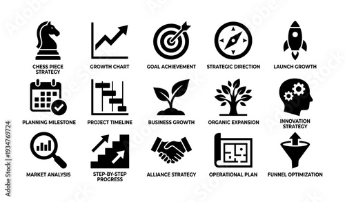 Business growth icons: strategy, analysis, innovation, and planning
