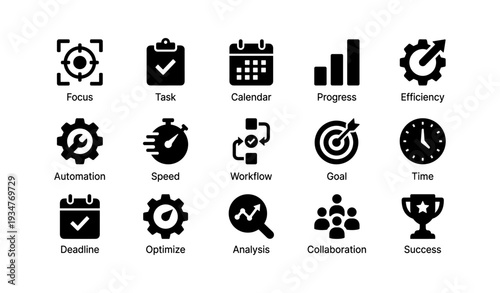 Business icons: focus, task, calendar, progress, efficiency