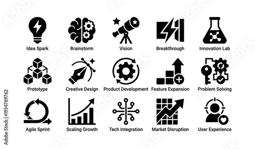 Icon set featuring innovation, brainstorming, and tech concepts