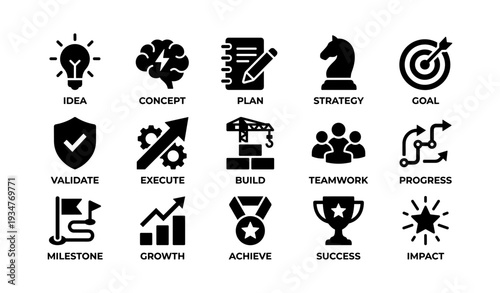 Icons representing ideas, strategies, and achievements in business development