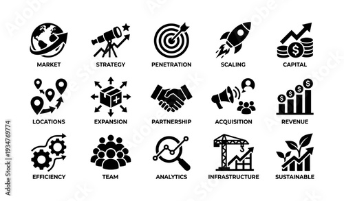 Business strategy icons set: market, strategy, penetration, scaling, capital, growth, analytics