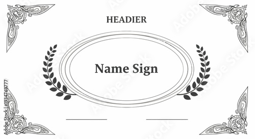 An ornate certificate template with laurel wreath and decorative corners
