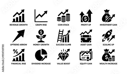 Financial icons set: growth, profit, investment, wealth, success indicators