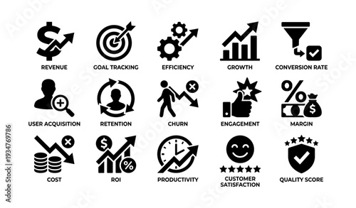 Business performance icons set for revenue, growth, and customer satisfaction