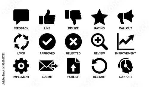 Interactive icons set: feedback, rating, approval, improvement, support symbols