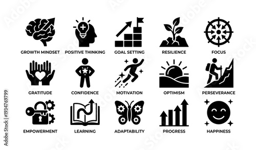 Icons of personal development: growth, confidence, motivation, and happiness