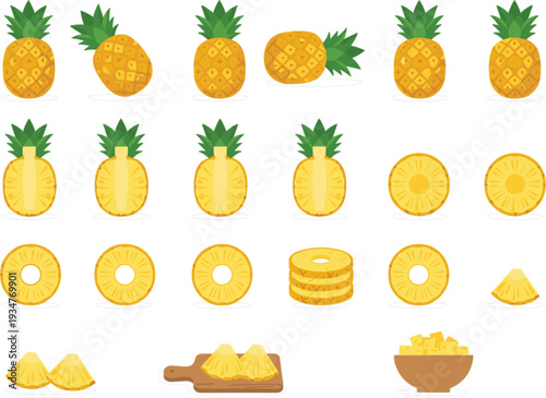Pineapple set collection with whole fruit slices chunks wedges and tropical fresh summer vector illustration isolated on white background