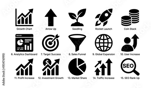 Business growth icons: analytics, expansion, and success symbols