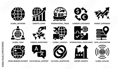 Global trade and market expansion icons representing international business concepts