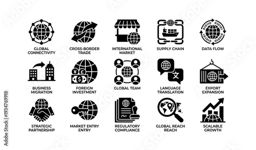 Global trade icons: connectivity, market, supply chain, export, investment