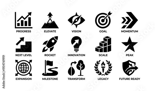 Set of business icons representing growth and achievement concepts