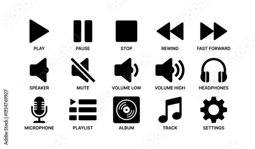 Audio control icons set: play, pause, stop, rewind, fast forward, speaker, headphones, microphone