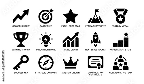 Icons of achievement and success: growth arrow, victory medal, winning trophy, innovation spark
