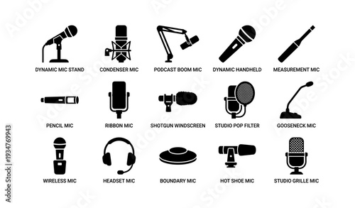 Variety of microphones and audio equipment icons