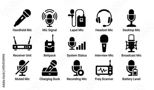 Microphone icons set: handheld, signal, lapel, headset, desktop, interview, broadcast