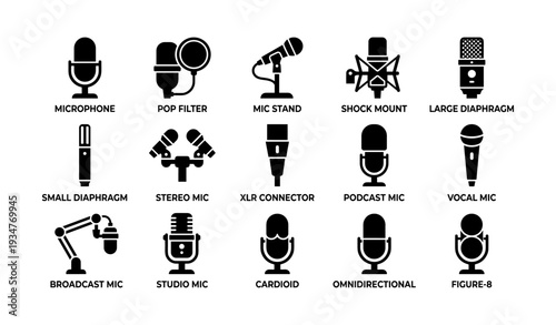 Microphone icons set: podcasting, studio, vocal, broadcast, audio equipment