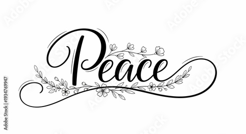 Elegant floral peace illustration with flowing script and delicate botanicals