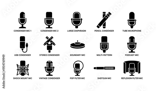 Various microphone icons: condenser, dynamic, shotgun, podcast, usb, vintage, pencil, tube