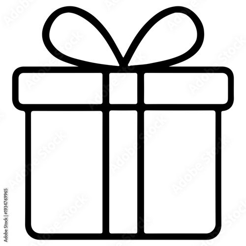 Simple black and white line art icon of a gift box with a bow on top, perfect for celebrations, presents, and surprise concepts