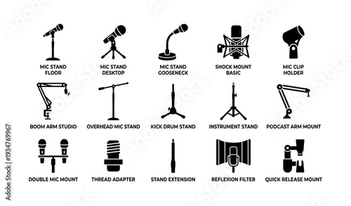 Variety of microphone stands and accessories with descriptive icons