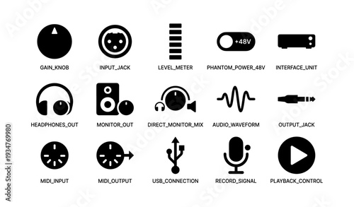 Audio equipment icons: knob, input, meter, usb, microphone, playback