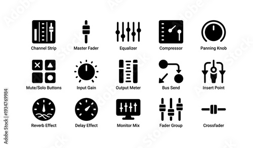 Audio mixing equipment icons: fader, equalizer, compressor, reverb effect, crossfader