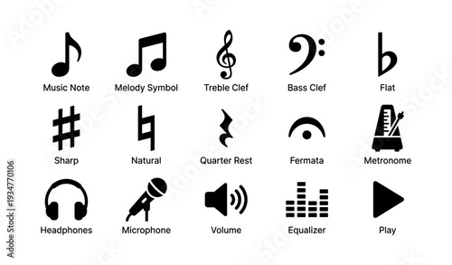 Music symbols icons: note, clef, metronome, headphones, microphone, volume