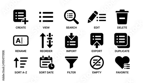 User interface icons set for file management and editing tasks