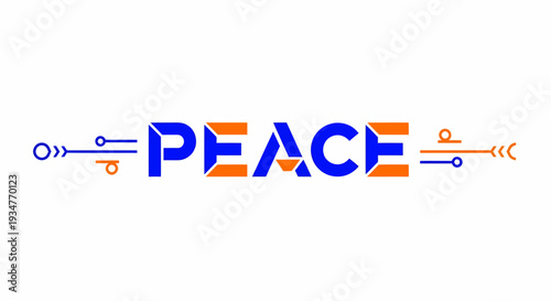 Vibrant illustration of the word peace surrounded by symbolic arrow elements in a clean white environment from a straightforward viewpoint