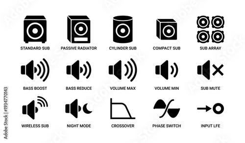 Subwoofer and audio icon set featuring bass, volume, and connectivity symbols