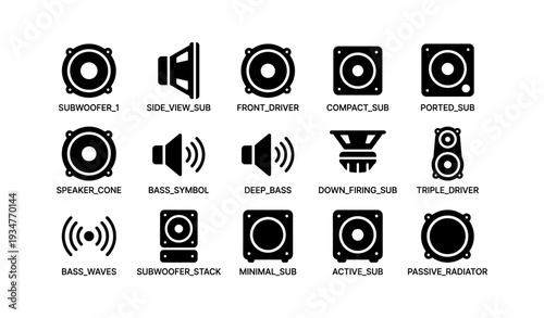 Audio subwoofer icons set: compact, ported, active, passive, minimal