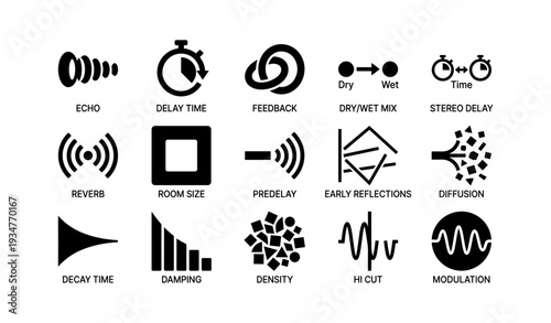 Audio effects icons: echo, delay, reverb, modulation, feedback, diffusion design elements