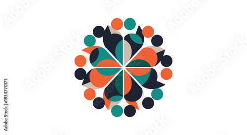 Vibrant graphic illustration of abstract shapes and floral patterns in a circular composition viewed from directly above