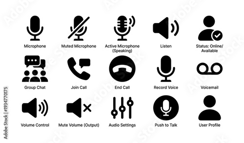 Communication icons set featuring microphone and audio controls