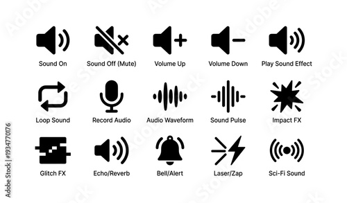 Audio icon set: volume controls, effects, and waveforms for sound design